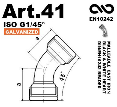 Group Art.41 Bend 45 FF Galvanized Malleable Cast Iron Fittings