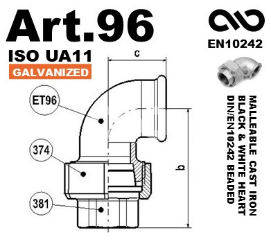 Group Art.96 Union Elbow Conical FF Galvanized Malleable Cast Iron Fittings